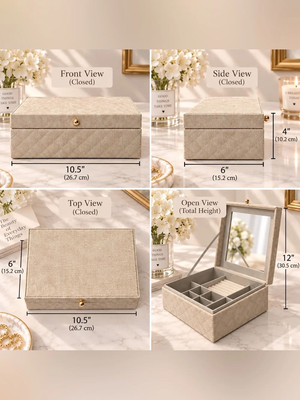 Linen-Effect Beige Jewelry Organizer Box with Mirror